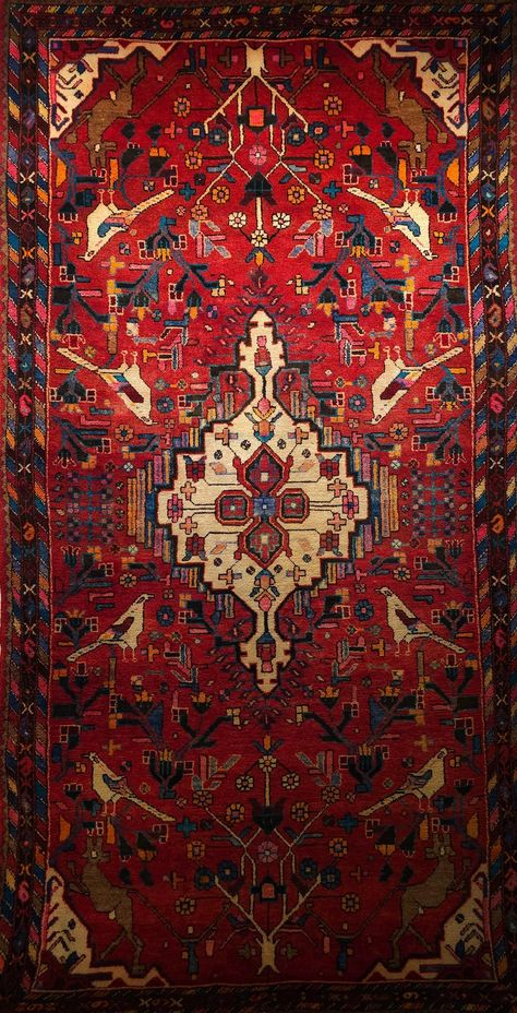 Vintage Persian Hamadan Gallery Rug with Animal Designs in Red, Ivory, Blue Persian Pattern Wallpaper, Persian Rug Wallpaper Iphone, Persian Carpet Aesthetic, Persian Carpet Wallpaper, Persian Rug Wallpaper, Traditional Motifs Design, Arabian Rugs, Persian Carpet Pattern, Iran Carpet