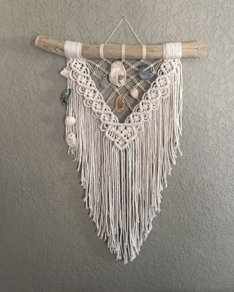 Driftwood and sea shells from Matagorda Beach macrame wall hanging by Ms. Katie Made. Mskatiemade.com ❤️ Macrame Wall Hanging On Driftwood, Macrame And Shells, Macrame With Shells Wall Hanging, Beachy Macrame Wall Hanging, Beach Macrame Wall Hangings, Driftwood And Macrame, Macrame Shell Wall Hanging, Macrame With Seashells, Macrame Driftwood Wall Hanging