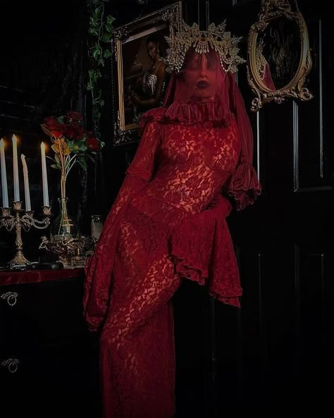 Witch Aesthetic Red, Red Victorian Aesthetic, Red Witch Aesthetic, Cabaret Goth, Romanticism Fashion, Red Masquerade, Red Leather Dress, Lace Coat, Goth Wedding