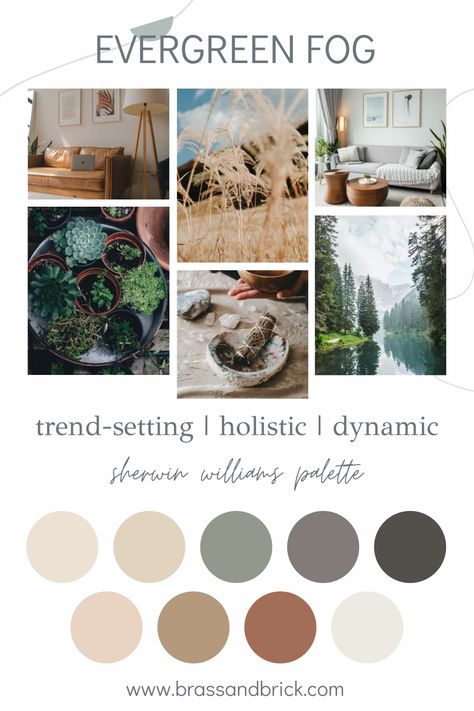 Fog Color Palette, Evergreen Fog Color Palette, Brick Interior Design, Sherwin Williams Color Schemes, Evergreen Fog, Picking Paint Colors, Brick Interior, House Color Palettes, Sherwin Williams Colors