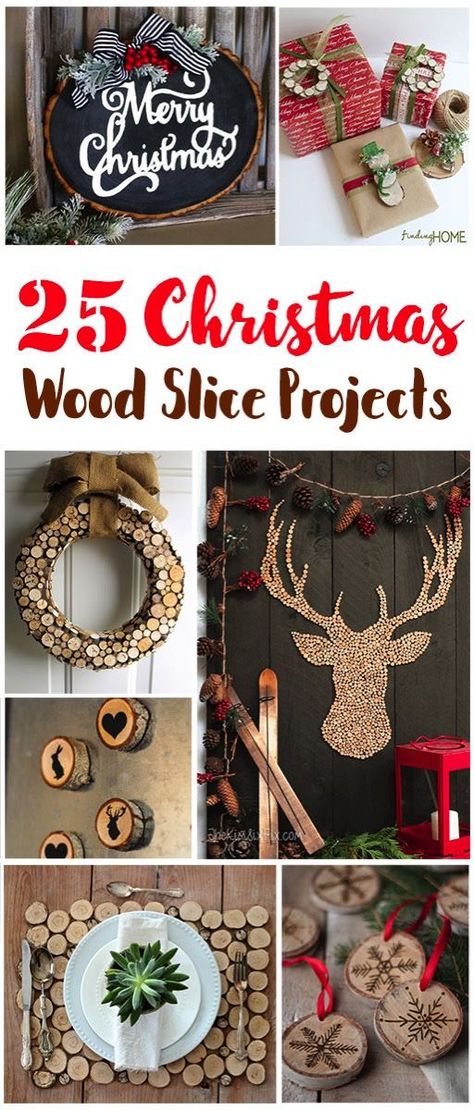 25 Wood Slice Christmas projects. I love the warm rustic natural beauty of wood slices during the holidays and these 25 ideas for using wood slices in christmas decorating are beautiful.  From ornaments, table settings, wall art, wreaths and more! Wood Slice Wreath Diy, Wood Slice Projects, Diy Christmas Projects, Wood Slice Christmas, Christmas Trinkets, Fallen Tree, Wooden Christmas Decorations, Wood Slice Crafts, Wood Slice Art