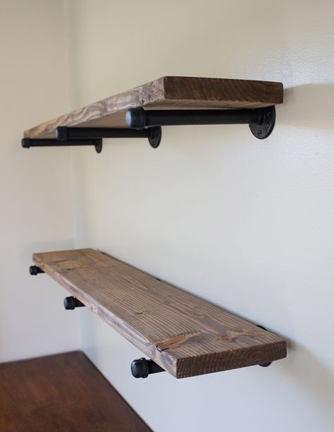 DIY Pipe Shelves: Inspired by restoration hardware Make Shelf, Diy Shelves Design, Diy Pipe Shelves, Industrial Pipe Shelves, Diy Pipe, Regal Design, Pipe Furniture, Pallet Shelves, Pipe Shelves