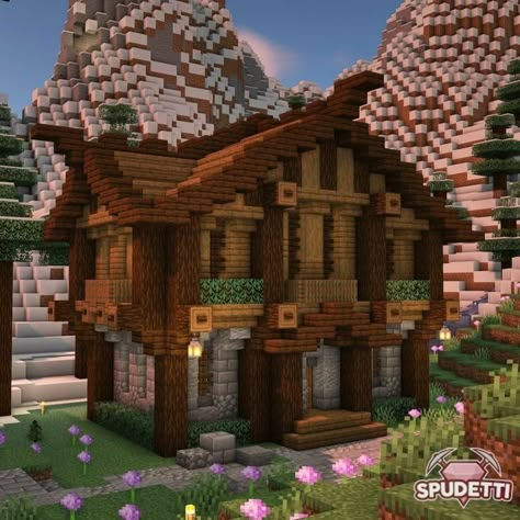 Minecraft Woodcutter House, Spruce Village Minecraft, Medium Minecraft Houses, Minecraft Librarian House, Spruce House Minecraft, Minecraft Wooden House, Minecraft Mountain House, Minecraft Building Ideas, Minecraft Structures