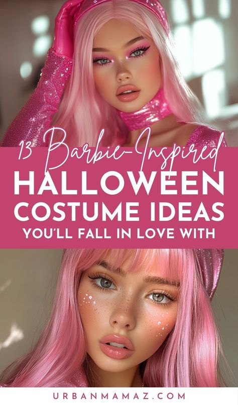 Looking for barbie inspired Halloween costume ideas you'll fall in love with? Check out this list of our 13 favorite barbie inspired Halloween costume ideas to rock your party this year. Creepy Barbie Costume, Hot Pink Costume Ideas, Diy Doll Costume For Women, Halloween Costume With Pink Hair, Pink Wig Halloween Costume Ideas, Characters With Pink Hair Halloween, Pink Hair Costume Ideas Halloween, Barbie Halloween Costume Ideas, Pink Hair Costume Ideas