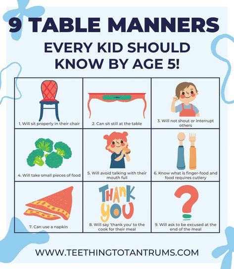 9 Top Table Manners For Kids You Must Teach Before They're 6 Meal Etiquette, Table Manners Poster, Table Manners For Kids, Kids Table Manners, Teaching Tables, Table Manner, Good Table Manners, Etiquette Classes, Manners For Kids