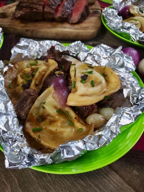 | Grilled Pierogies and Steak Packets | https://grillinfools.com Grilled Pierogies, Meat Smokers, Grilled Sirloin, Frozen Pierogies, Polish Foods, Foil Packet, Loaded Baked Potato, Summer Meals, Grilled Pizza