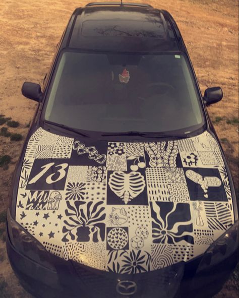 Patchwork car hood with vinyl. I got this idea from rhe sharpie car art and immediatelyhoped on it. #sharpiecarart #carart #artoncar #pinterestcar #cargirls #cargirl #girlcar #mazda3 #2006 Sharpie Car Art, Car Things, Car Ideas, Car Girl, Black Car, Car Girls, Mazda 3, Sidecar, Vinyl Wrap