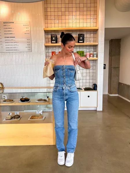 Love this little denim on denim outfit! The tube top is so fun for spring and summer outfits. Tap to shop! Tube Top Outfit Jeans, Denim Tube Top Outfit, Tube Top Jumpsuit, Denim Tube Top, Target Jeans, Tube Top Outfits, Cropped Denim, Denim Outfit, Tube Top