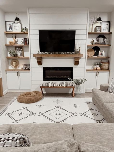 Boho Farmhouse Large Wall Decor, 1400 Sq Ft House Interior Design, Living Room Inspo Modern Farmhouse, Small Living Room Mantle, Shiplap Fireplace With Built Ins On Both Sides, Fireplace With Entertainment Center, Living Room Fireplace Makeover, Apartment Fireplace Decor With Tv, New Lighting Ideas