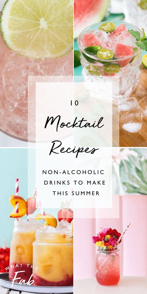 I’m sharing ten mocktail recipes for non-alcoholic drinks that you can make this summer.Whether you’re wanting an iced drink to sip on during brunch, a quick mid-afternoon cool down, or some healthy drinks to make for an upcoming birthday party, I’ve got you covered. Ingredients: Cucumber, Mint, limeade, roasted peach, strawberry fizz, Cherry, watermelon, blueberry, blackberry mint, kiwi mojito mocktail. Mocktails perfect to drink during Pregnancy. What The Fab. Peach Mojito Mocktail, Healthy Drinks To Make, Kiwi Mojito, Mint Limeade, Summer Mocktail Recipes, Mocktail Party, Summer Mocktails, Strawberry Fizz, Drinks To Make