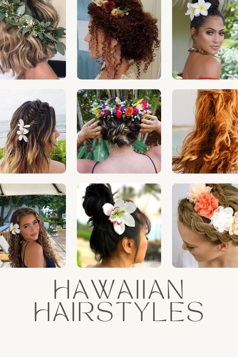 Tropical Tresses: Unleash Your Inner Island Beauty with Hawaiian Hairstyles Hawaiin Hair Styles With Flowers, Tropical Party Hairstyles, Hawaii Hairstyles Flowers, Hairstyle Flowers Wedding, Hawaiian Party Hairstyles, Hawaiian Hair Styles For Women, Luau Party Hairstyles, Hawian Theme Hairstyles, Hawaiian Day Hairstyles