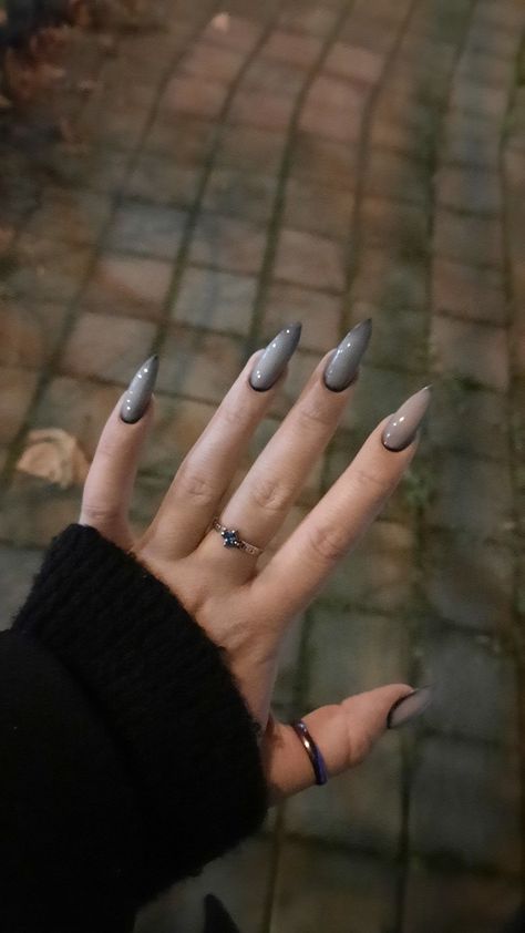 Witchy Almond Shaped Nails, Milky Black Nails Acrylic, Corpse Nails Acrylic, Goth Core Nails, Grey Gothic Nails, Zombie Acrylic Nails, Grey Goth Nails, Dystopian Nails, Gothic Bridal Nails