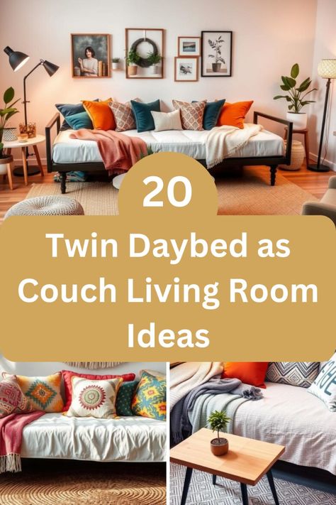 Upgrade your living room with 20 stylish twin daybed as couch living room design ideas! Create a chic and inviting space by using a twin daybed as a versatile couch, perfect for both lounging and entertaining. #TwinDaybed #LivingRoomDesign #SmallSpaceLiving #InteriorDesign #LivingRoomInspo Twin Bed As Sofa, Styling A Twin Bed As A Daybed, Pillows For A Daybed, Daybed Sofa Ideas, Twin Bed Sofa Ideas, Daybed From Twin Bed, Daybed Instead Of Couch, Daybed Living Room Ideas Small Spaces, Twin Bed In Living Room Ideas