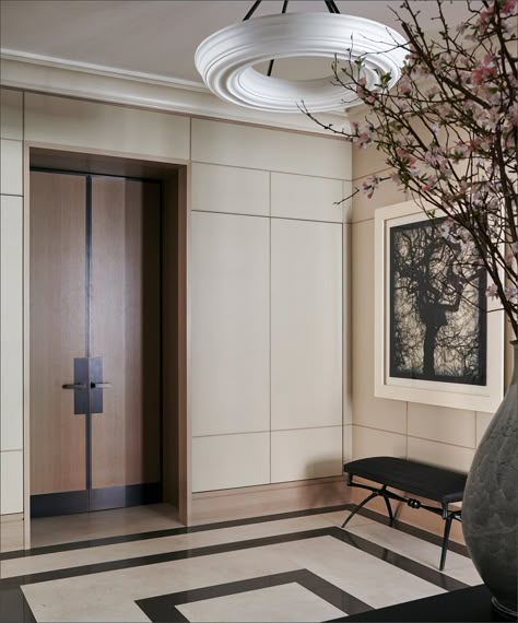 Upholstered Walls, Manhattan Apartment, Leather Wall, Lobby Design, Upper East Side, Entry Foyer, New Classic, Chandigarh, Architectural Digest