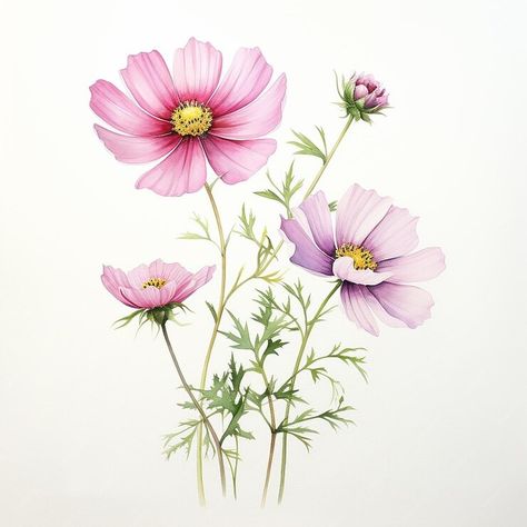 Premium Photo | A painting of Cosmos flower watercolor Cosmos Watercolor Paintings, Cosmo Watercolor, Cosmos Flowers Painting, Watercolor Cosmos, Cosmo Flowers, Cosmo Flower, Mother Tattoo, Clothes Painting, Mother Tattoos