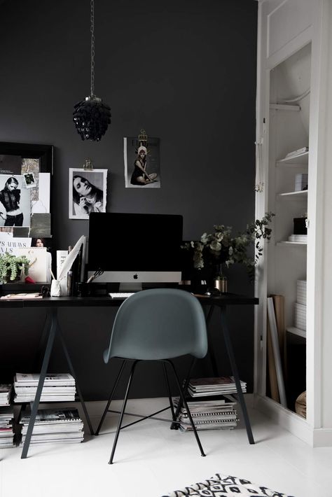 Dark Grey | Modern | Glam | Home Office Dark Grey Home Office, Grey Walls Office, Dark Grey Office, Dark Gray Office, Grey Home Office, Modern Glam Home, Studio In Casa, House Of Valentina, White Home Office