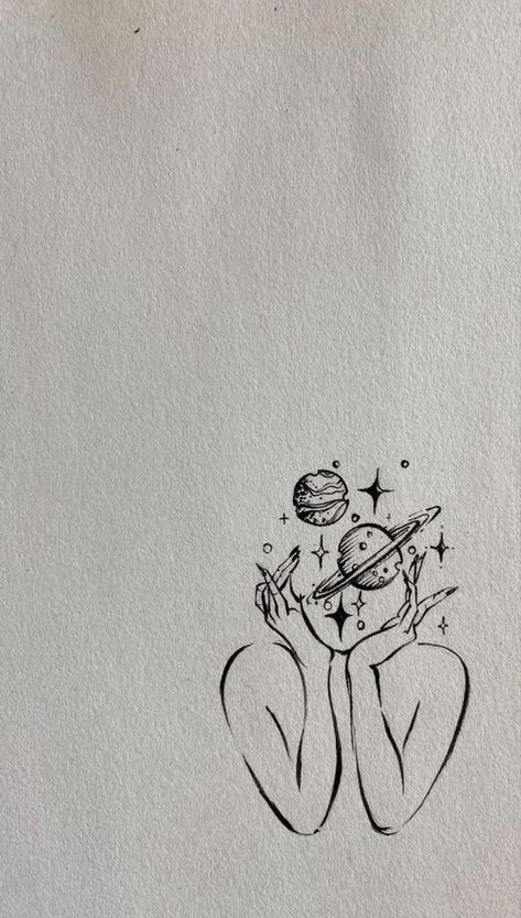 Self Love Universe Tattoo, Head Space Tattoo, Universe Related Tattoos, Planet Her Tattoo, Overthinker Tattoo Symbol, Trust In The Universe Tattoo, My Universe Tattoo, Head In Space Tattoo, Universe Drawing Ideas