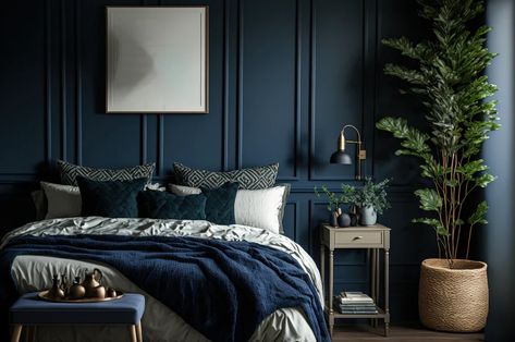 Trending Bedroom Colors for 2023: Navy Blue and Beige Bedroom Colors For 2023, Trending Bedroom Colors, Tan Sheets, Adopt Me House Ideas, Navy Blue Bedding, Navy Bedroom, Navy Bedrooms, Dark Blue Bedrooms, House Guests