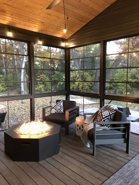 Stained Screened In Porch, Screened In Porch Fire Pit, Screened In Porch With Fire Table, Screened In Fireplace, Screened In Porch With Fire Pit, Screen Porch Lighting, Fire Pit Screened In Porch, Screened In Porch With Open Deck, Screen Porch Remodel