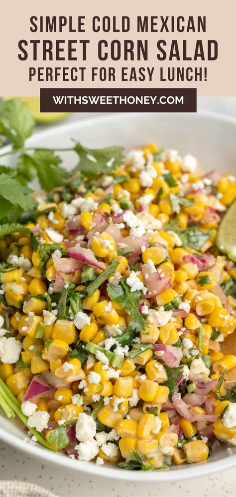 This quick Mexican street corn salad can be made with fresh, frozen, or canned corn. Mixed with fresh cilantro, jalapeño and pickled red onion and tossed in homemade dairy free dressing. #summersalad #cornsalad Elote Salad Canned Corn, Fresh Mexican Salad, Corn Salad With Jalapenos, Cold Mexican Corn Salad, Cold Mexican Street Corn Salad, Easy Corn Salad Simple, Mexican Street Corn Salad Easy, Street Corn Salad Mexican, Frozen Corn Salad