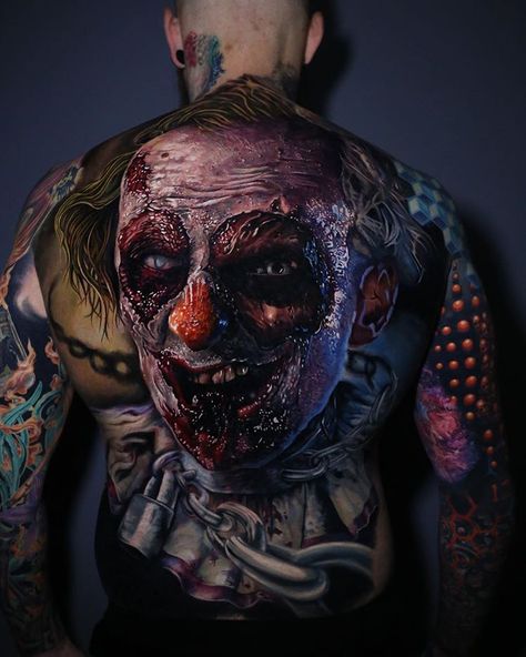 Clown Tattoo, Tattoo Henna, Scary Tattoos, Full Back Tattoos, Back Tattoos For Guys, Creepy Tattoos, Horror Tattoo, 3d Tattoos, 3d Tattoo