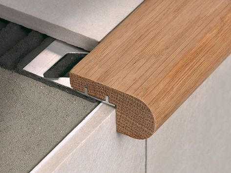 Buy online Stairtec fw By profilitec, stair nosing in oak wood with aluminium support, stairtec Collection Tile Stair Nosing, Vinyl Stair Nosing, Stairs Edge, Tiled Staircase, Tile Countertops Kitchen, Vinyl Stairs, Oak Stairs, Steel Stairs, Tile Stairs