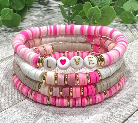 Valentine's Day Heishi Bead Bracelet Stack Personalized - Etsy Australia Pink Bead Bracelet, Bead Bracelet Stack, Make Clay Beads, Heishi Bead Bracelet, Arm Candy Bracelets, Clay Bead Necklace, Preppy Bracelets, Valentines Bracelets, Bead Charms Diy