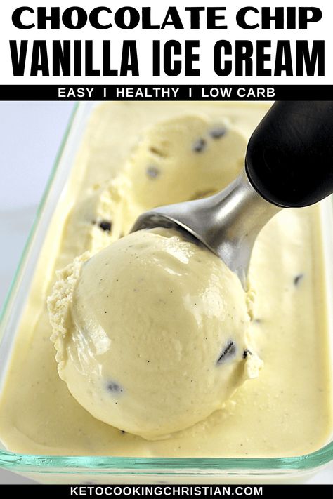 This smooth and creamy Vanilla Chocolate Chip Ice Cream has a luscious vanilla custard base, loaded with rich chocolate chips! It's the ultimate sugar-free treat for satisfying your sweet tooth on a hot summer day. Keto Yogurt Ice Cream Recipe, Keto Vanilla Ice Cream, Ninja Creami Keto Vanilla Ice Cream, Keto Ice Cream Recipes Easy No Churn, Keto No Churn Ice Cream, Neapolitan Ice Cream Cake, Kiltz Keto Ice Cream, Low Carb Ice Cream Recipe, Toffee Ice Cream