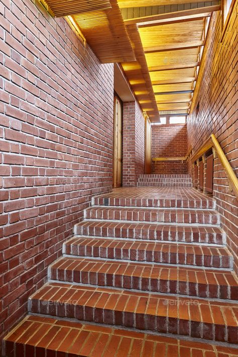 Brick Stairs Interior, Red Brick Steps, Brick Staircase, Brick Interior Design, Brick Stairs, Faux Brick Wall Panels, Bricks Wall, Clinker Brick, Black Brick Wall