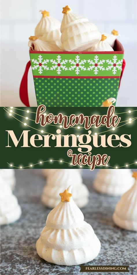 These homemade crispy Christmas tree meringue cookies make a great holiday treat. I show you how to pipe the meringue into the shape of trees. This is perfect for a bake sale or Christmas party! Hot Cocoa Meringue Cookies, Meringue Christmas Tree Cookies, Tree Meringue Cookies, Christmas Tree Meringue Cookies, Coconut Meringue Cookies, Meringue Christmas Tree, Meringues Cookies, Gluten Free Meringue Cookies, Christmas Tree Meringue