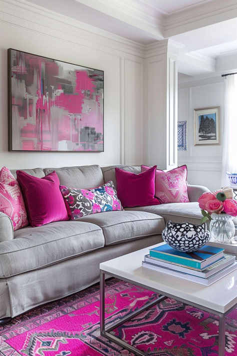 Discover breathtaking ideas that will transform your space into a chic haven. From blush accents to sleek gray furniture, these ideas strike the perfect balance between elegance and modernity.  Click now to explore the world of pink and gray living room ideas! #PinkAndGrayLivingRoom #HomeDecorInspiration #DreamySpace Grey And Fuschia Living Room, Navy And Fuschia Living Room, Grey Couch Living Room Ideas Colorful, Pink And Blue Living Room Ideas, Gray And Pink Living Room, Pink Gray Living Room, Pink And Gray Living Room, Pink And Grey Living Room, Grey And Pink Living Room