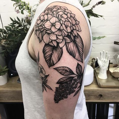 Hydrangea shoulder for Emily Hydrangea Shoulder Tattoo, White Hydrangea Tattoo, Hydrangea Tattoo Sleeve, Hydrangea Tattoos, Traditional Nature Tattoo, Marigold Tattoos, Best Shoulder Tattoos, Hydrangea Tattoo, Marigold Tattoo