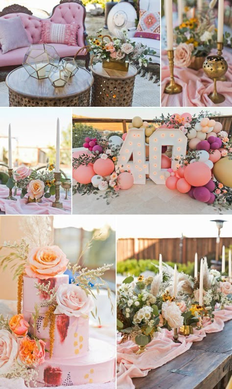 Floral 40th Birthday Party Decorations, Bohemian 60th Birthday Party, Bohemian 21st Birthday Party, 60th Floral Birthday Party, 40th Birthday Flowers, Minimalist 40th Birthday Decor, Floral 40th Birthday Party, Chic 60th Birthday Party, 40th Party Decorations For Women