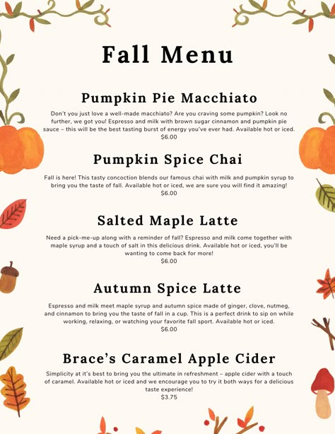 Fall Flavored Coffee Drinks, Fall Barista Drinks, Coffee Shop Fall Drinks, Fall Coffee Menu Ideas, Fall Inspired Coffee Drinks, Fall Drink Specials, Fall Bakery Menu Ideas, September Coffee Drinks, Coffee Bar Menu Ideas