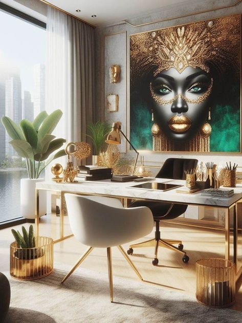 YouTube studio ideas 💡 Youtube Studio Ideas, Girl Home Office, Classy Office Decor, Chic Office Space, Glam Office, Lash Room Decor, Feminine Home Offices, African Inspired Decor, Art Deco Living Room