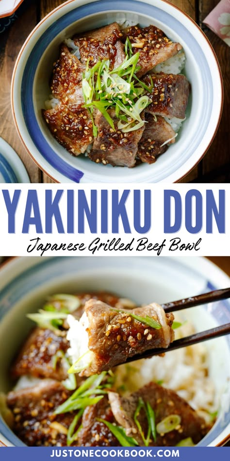 Pan-seared beef meets sweet and savory BBQ sauce in this mouthwatering Yakiniku Don. Served over fluffy steamed rice, this Japanese grilled beef bowl is quick and satisfying. Make it in just 10 minutes with a homemade sauce for the ultimate weeknight meal! Japanese Grill Recipes, Recipes With Japanese Bbq Sauce, Yakiniku Recipe, Easy Japanese Recipes Dinners, Japanese Beef Recipes, Japanese Lunch Recipes, Japanese Dinner Ideas, Easy Beef Tips, Japanese Curry Udon