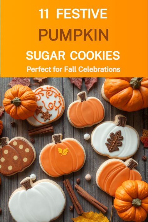 Pumpkin sugar cookies Pumpkin Sugar Cookies Decorated, Specialty Cookies, Icing Designs, Orange Icing, Pumpkin Sugar Cookies, Easy Thanksgiving Crafts, Royal Icing Sugar, Coloured Icing, Pumpkin Cookie