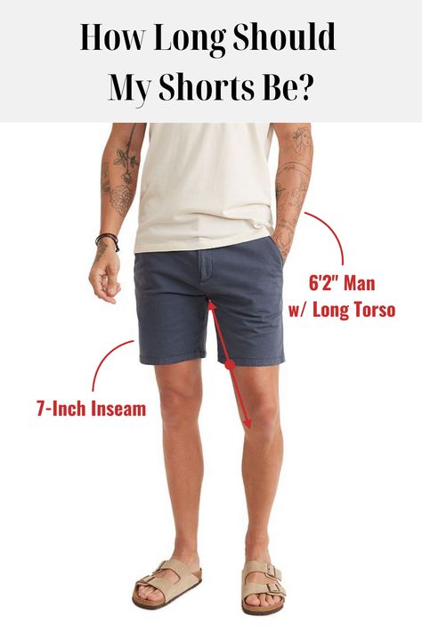 Unless you are doing a specific slim cut, cuffed capri look, your shorts should be no longer than 1 inch above the top of your knee, but even this can be too long for a modern look. A good rule of thumb is to have your shorts end about halfway between the bottom of your groin and the mid-point of your knee. If you are looking for numeric advice, the exact inseam of your shorts depends on your readiness to show skin and your height — or to be more specific, your leg length. Rule Of Thumb, Baggy Shorts, Short Torso, Adidas Golf, Large Man, Long Torso, Shorts For Men, Menswear Inspired, Knit Shorts