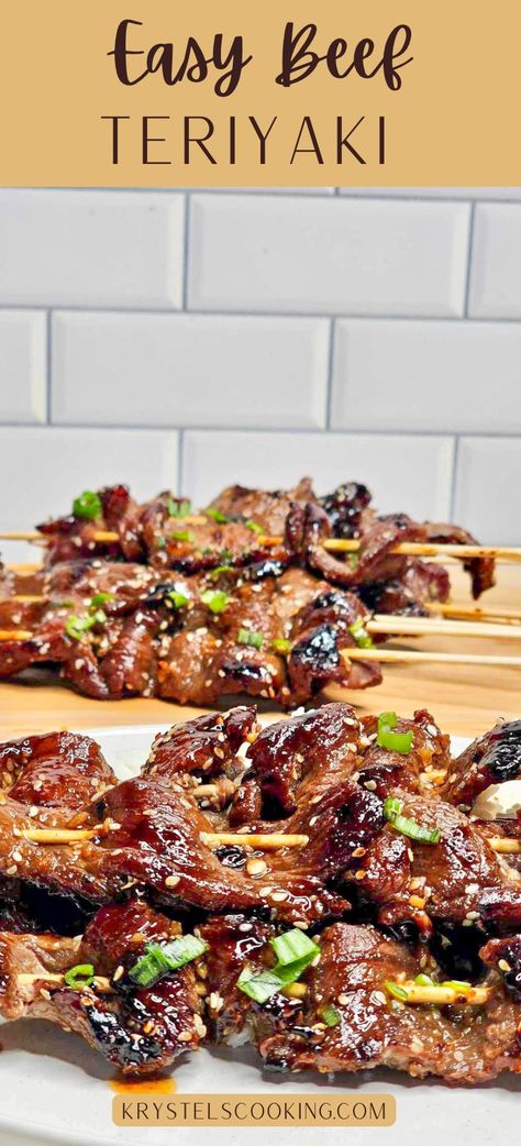 Bring the taste of a gourmet steakhouse to your backyard with my Easy Sweet Teriyaki Beef Skewers! Perfect for stovetop or grilling, these savory bites are marinated to perfection for that irresistible charred flavor. Serve them up at your next BBQ and watch them disappear in a flash! Teriyaki Sesame Beef Skewers, Teriyaki Beef Dippers, Teriyaki Kabobs On The Grill, Beef Skewers In Air Fryer, Korean Beef Skewers, Chinese Beef Teriyaki Skewers, Air Fryer Beef Skewers, Beef On A Stick Skewers, Steak Skewer Recipes