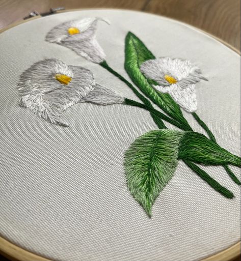 lily arum flower embroidery handmade small business Calla Lily Embroidery, Lily Embroidery Pattern, Embroidered Lily, Embroidery Botanical, Lily Embroidery, Arum Lily, Wedding Embroidery, Basic Embroidery Stitches, Hand Embroidery Projects