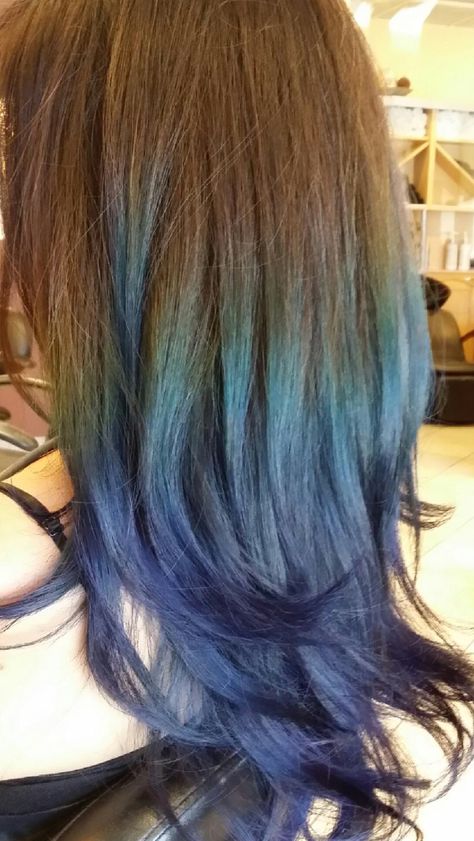 Brown Hair Faded Into Blue, Light Brown To Blue Ombre Hair, Redhead Hair Dye Ideas, Brown And Blue Ombre Hair, Brown And Blue Hair Ombre, Blue Hair Dip Dye, Light Brown Hair With Blue Tips, Cerulean Blue Hair, Blue Tips On Brown Hair