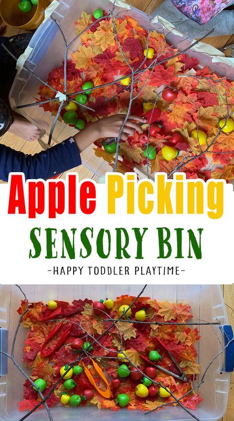 Apple Picking Sensory Bin - HAPPY TODDLER PLAYTIME Apples Sensory Bin, Apple Sensory Bin Toddlers, Apple Themed Activities For Toddlers, Apple Ideas For Toddlers, Apple Tuff Tray Ideas, Infant Apple Activities, Apple Theme For Toddlers, Fruit Sensory Bin, Apple Sensory Bin Preschool