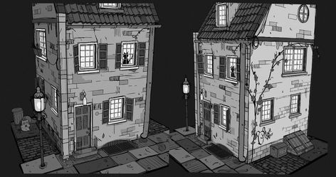 ArtStation - Grease pencil building, Joyce Silva Grease Pencil Art, Blender Grease Pencil Animation, Blender Grease Pencil Art, Grease Pencil Blender, Npr Blender, Blender Grease Pencil, Blender Shader, Props Illustration, Cell Shading