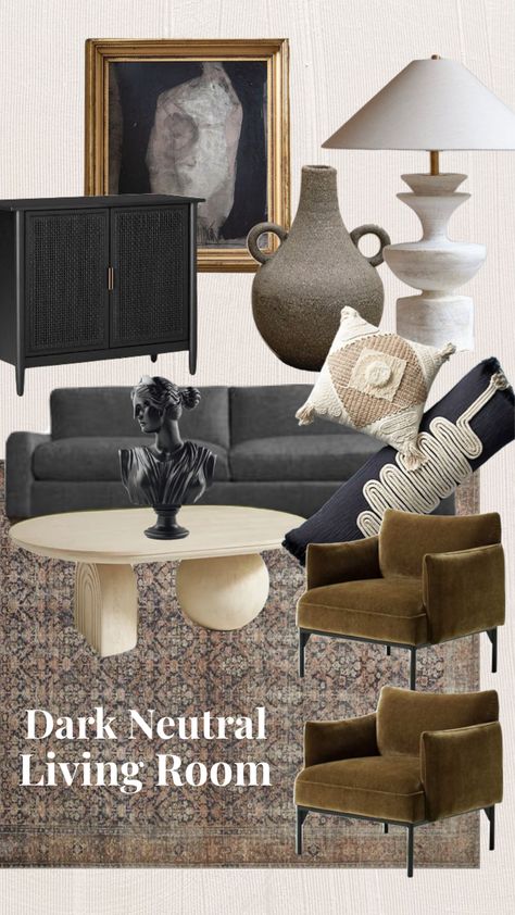 Moody Beige Living Room, Moody Living Room Mood Board, Dark Neutrals Living Room, Dark Neutral Home Decor, Neutral Living Room Mood Board, Dark Neutral Living Room, Moody Neutral Living Room, Living Room Condo, Dark Moody Living Room