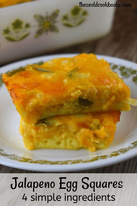 Cheesy Jalapeno Egg Squares are a simple 4 ingredient recipe made from eggs, shredded cheese, diced onion and canned, diced jalapeno peppers.  This versatile Mexican egg casserole can be served for breakfast or cut into squares for a spicy appetizer.  And, these qualify as a keto and/or low carb recipe. #keto #lowcarb #breakfast #eggs Jalapeno Eggs, Mexican Egg Casserole, Egg Squares, Jalapeno Recipes Appetizers, Jalapeno Appetizer, Mexican Egg, Egg Appetizer, Mom Meals, Picnic Potluck