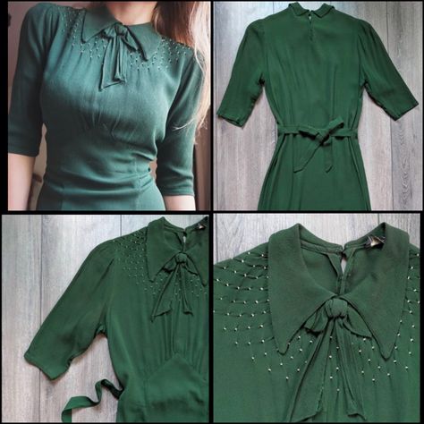 Late 1930’s rayon crepe dress in a rich emerald green colour. Smocked neckline with bow detail and tie waist. A vintage find from ‘katieofdoom’ on Instagram 1940s Green Dress, 1940s Winter Dress, 1930s Clothes, Classic Costumes, 1940 Fashion, Vintage Frocks, 30s Dresses, Emerald Green Colour, Green Knit Dress