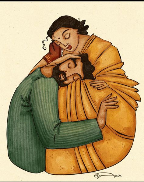 Bengali Drawing Ideas, Bangla Art Painting, Indian Illustration Funny, Bengali Couple Illustration Drawing, Bengali Couple Sketch, Bengali Art Sketch, Joyeeta Art, Indian Aesthetic Drawing, Couple Illustration Aesthetic