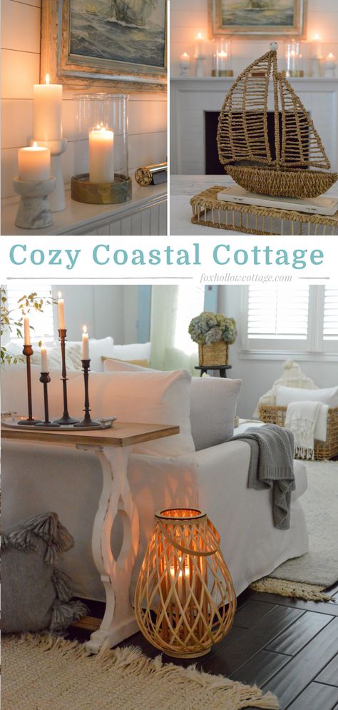 Coastal Boho Farmhouse Decor, Cozy Beach House Interior Design, Country Beach House Decor Cottage Style, Beach House Fireplace Ideas Cottage, Modern Beach Cottage Style, Coastal Cottage Fireplace Ideas, 2023 Coastal Decor, Simple Nautical Decor, Fox Hollow Cottage