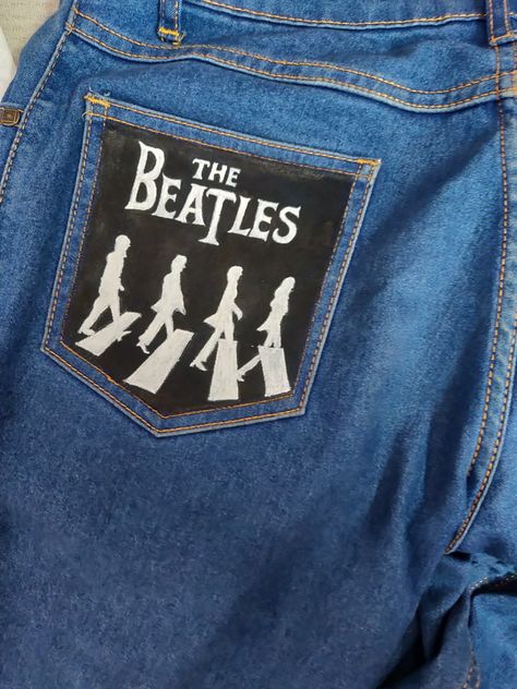 Used acrylic paints to paint this Jean Jacket Painted, Beatles Painting, Denim Jacket Diy Paint, Paint Jeans, Funky Jeans, Jacket Diy, Shirt Makeover, Diy Denim Jacket, Diy Jacket