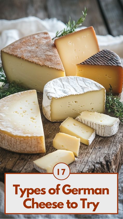 A selection of German cheeses, including Butterkäse, Limburger, Gouda, Quark, and Tilsit, arranged on a rustic wooden board with a variety of textures and flavors. Perfect for cheese lovers exploring traditional German dairy delights. German Cheese Board, German Charcuterie Board, German Cheeses, Butterkase Cheese, German Cheese, Christmas Cheese, A Charcuterie Board, Charcuterie Inspiration, Unique Textures